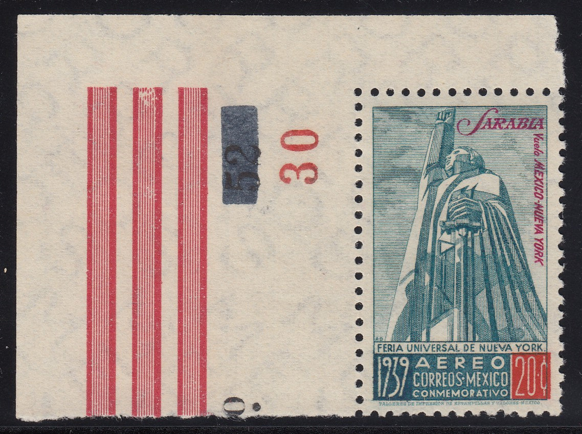 Mexico 1939 20c Blue & Red Sarabia Flight Airmail Marginal MNH. Scott C93a