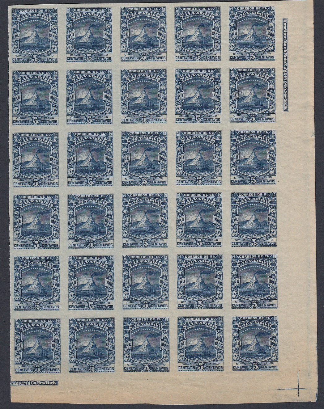 El Salvador 1896 5c Deep Blue Plate Proof Multiple MNH. Scott 157E var