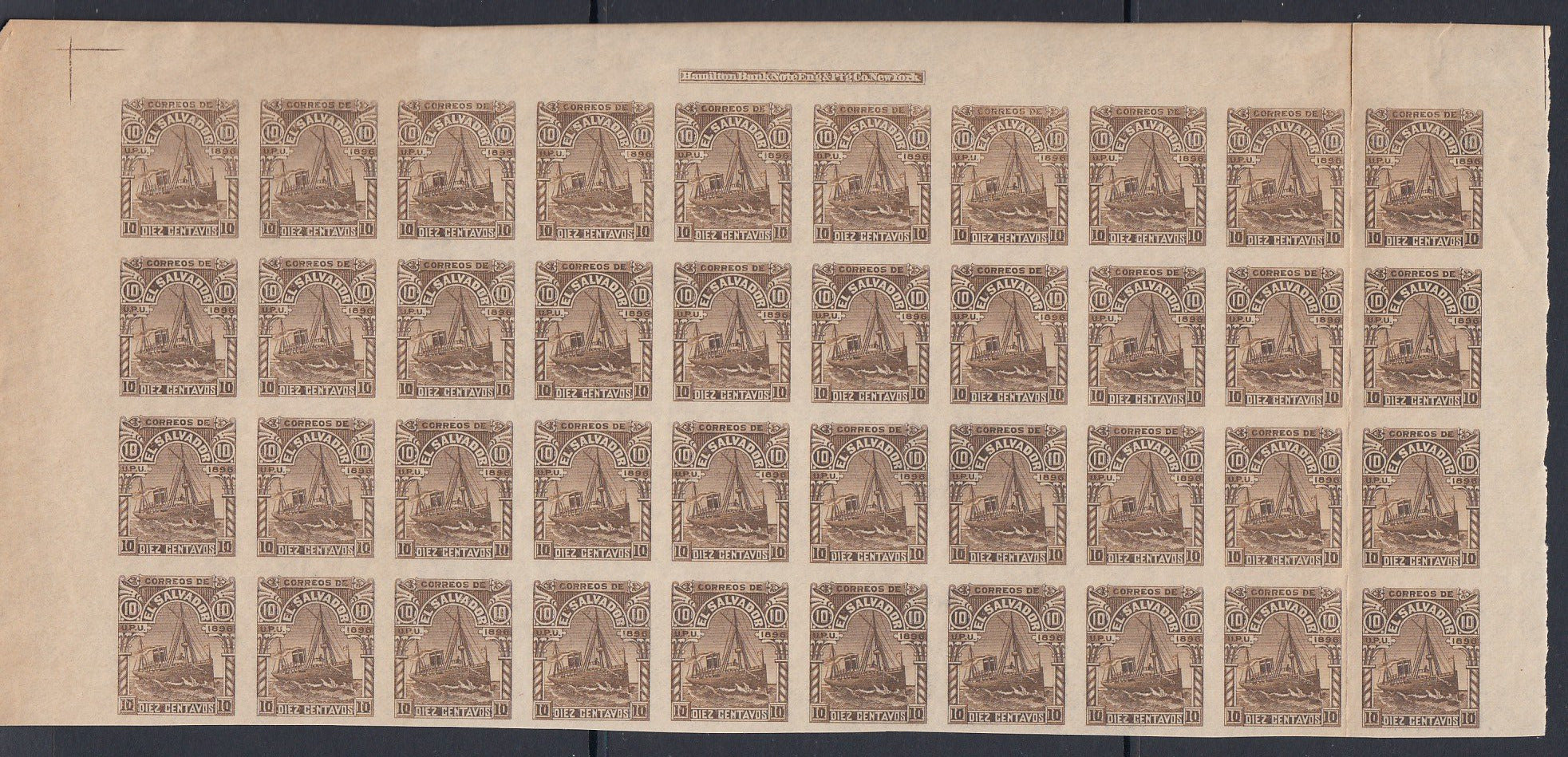 El Salvador 1896 10c Brown Plate Proof Multiple MNH. Scott 157F var