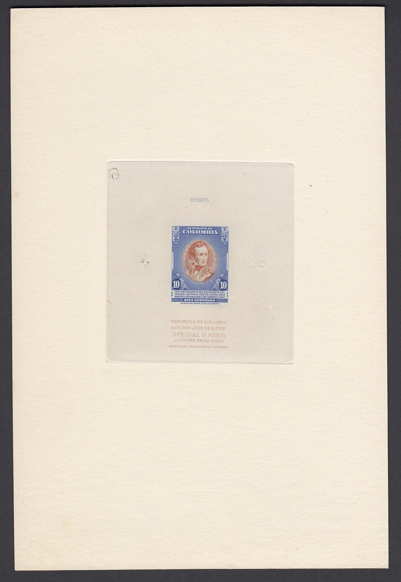 Colombia 1946 10c Ultramarine & Orange Large Sunken Die Proof. Scott 532 var