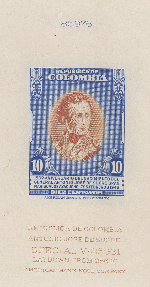 Colombia 1946 10c Ultramarine & Orange Large Sunken Die Proof. Scott 532 var