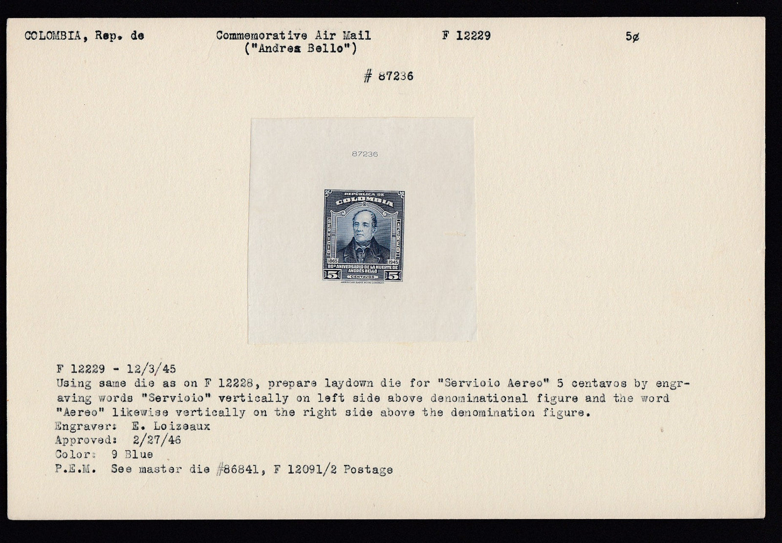 Colombia 1946 5c Deep Blue Airmail Die Proof Index Copy. Scott C145 var