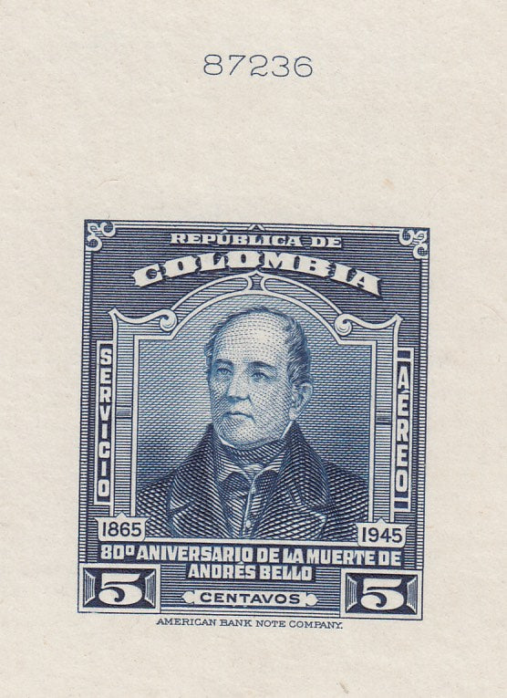 Colombia 1946 5c Deep Blue Airmail Die Proof Index Copy. Scott C145 var