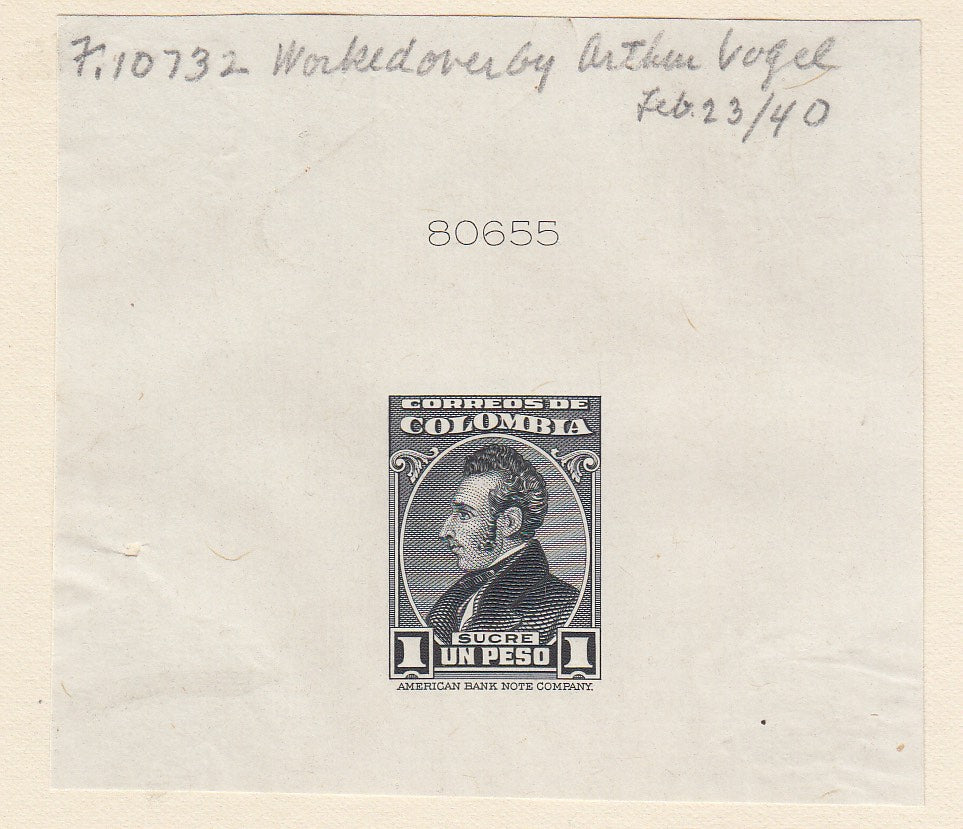 Colombia 1940-47 1p Sucre Die Proof Index Copies x 2. Scott 492 & 554 var