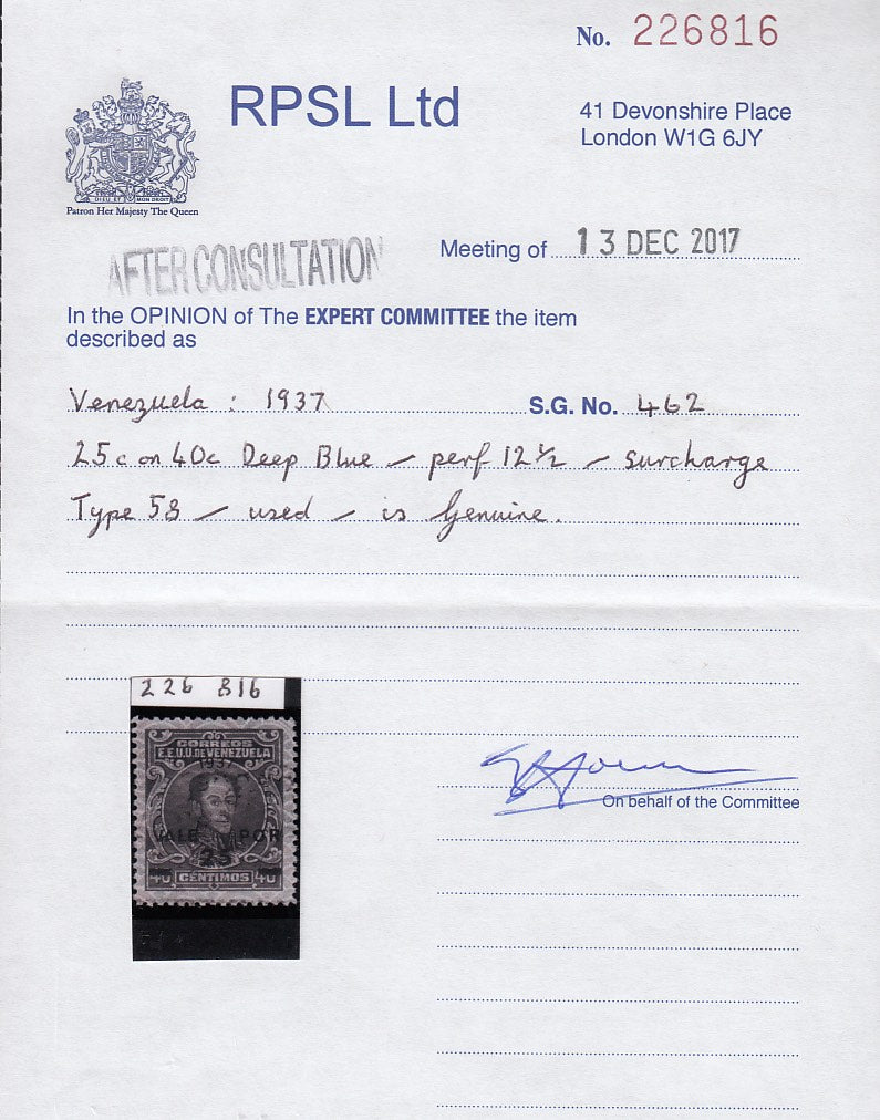 Venezuela 1937 25c on 40c Indigo Used. Scott 319