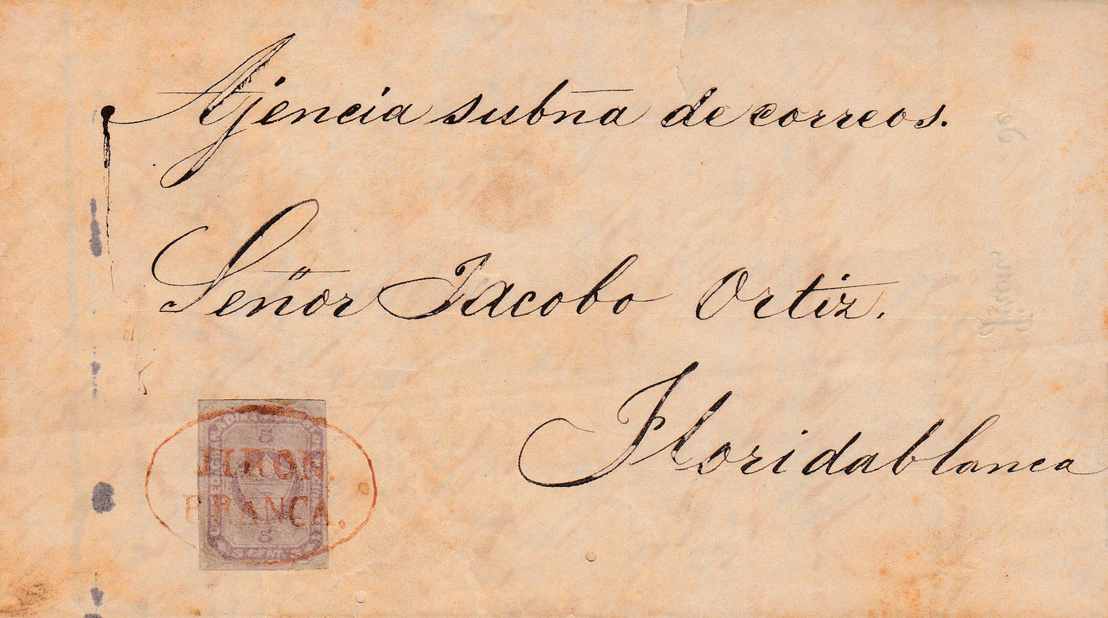 Colombia 1860 5c Lilac, Stone A, Folded Lettersheet From Giron to Floridablanca, Cancelled by Red Oval Pre-Philatelic Franca Handstamp