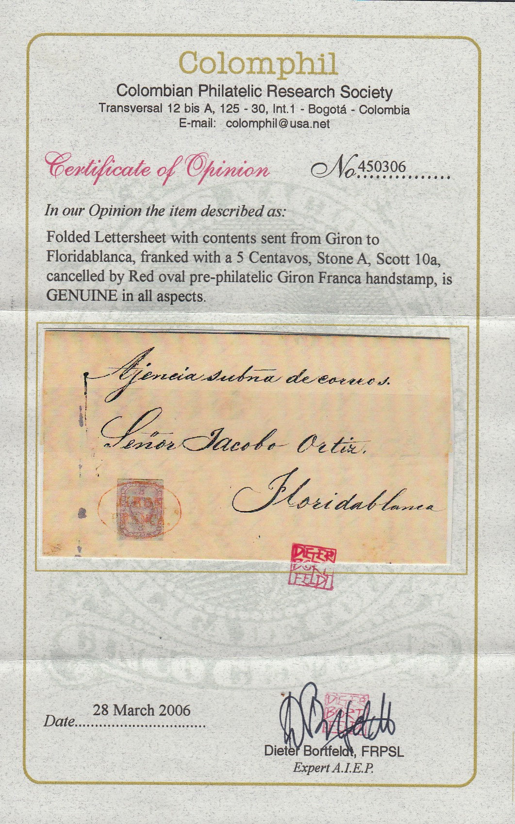 Colombia 1860 5c Lilac, Stone A, Folded Lettersheet From Giron to Floridablanca, Cancelled by Red Oval Pre-Philatelic Franca Handstamp