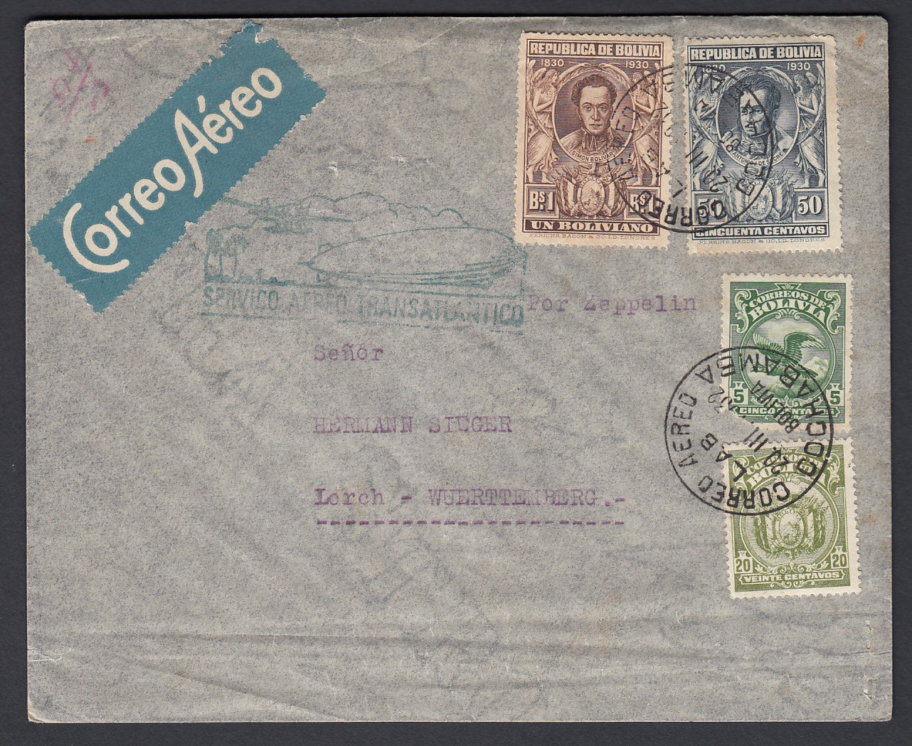 Bolivia to Germany 1932 Zeppelin Cover, 2nd South American Flight