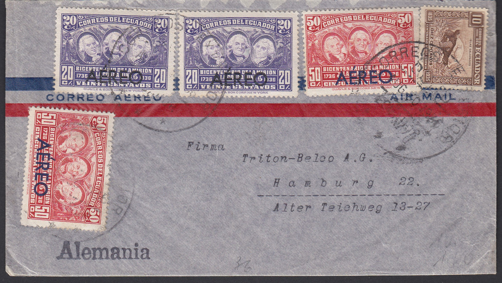 Ecuador 1936 Airmail Cover from German Embassy Quito to Hamburg, Germany
