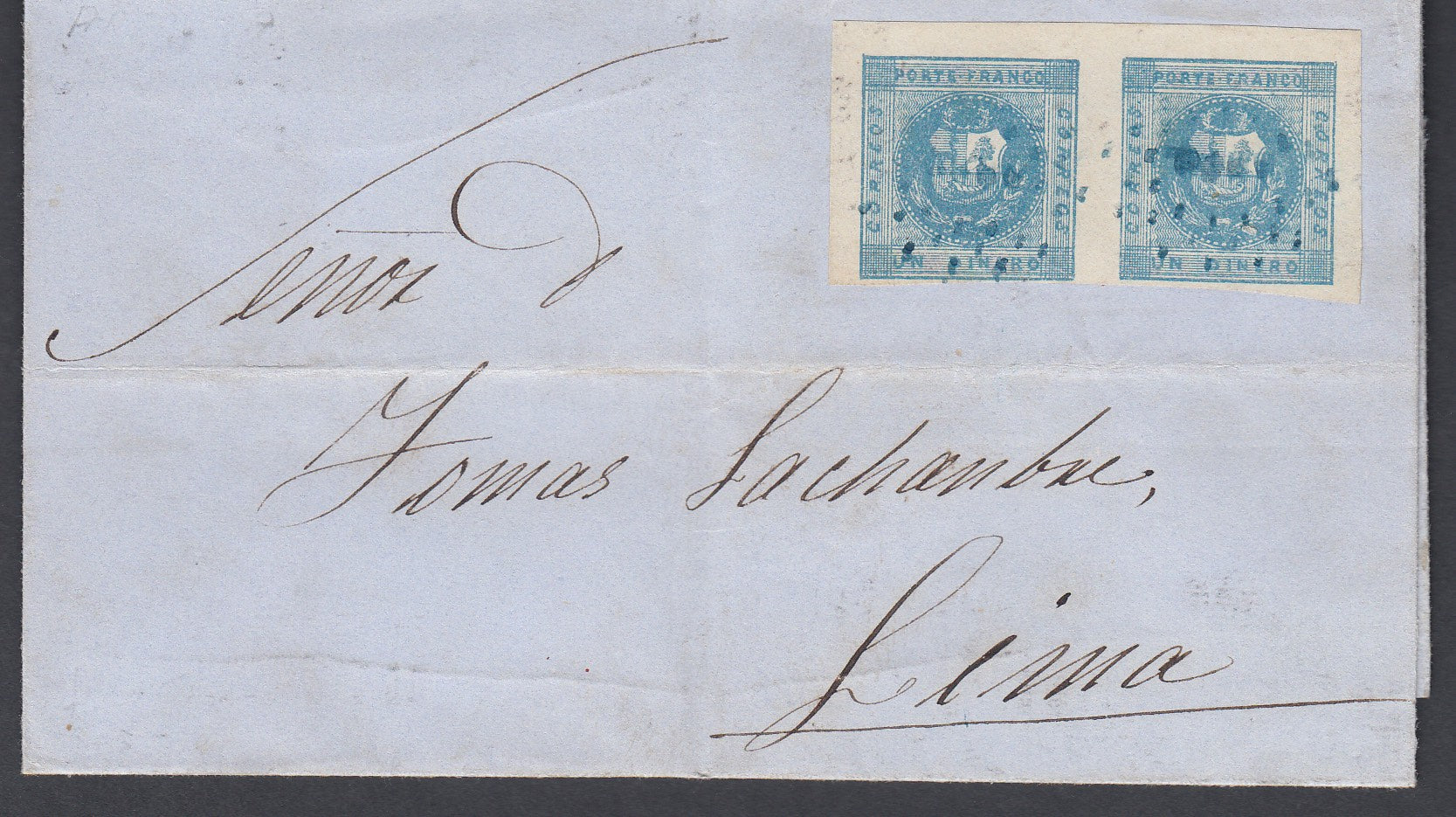Peru 1858 1d Pale Blue Horizontal Pair, Arequipa to Lima Entire