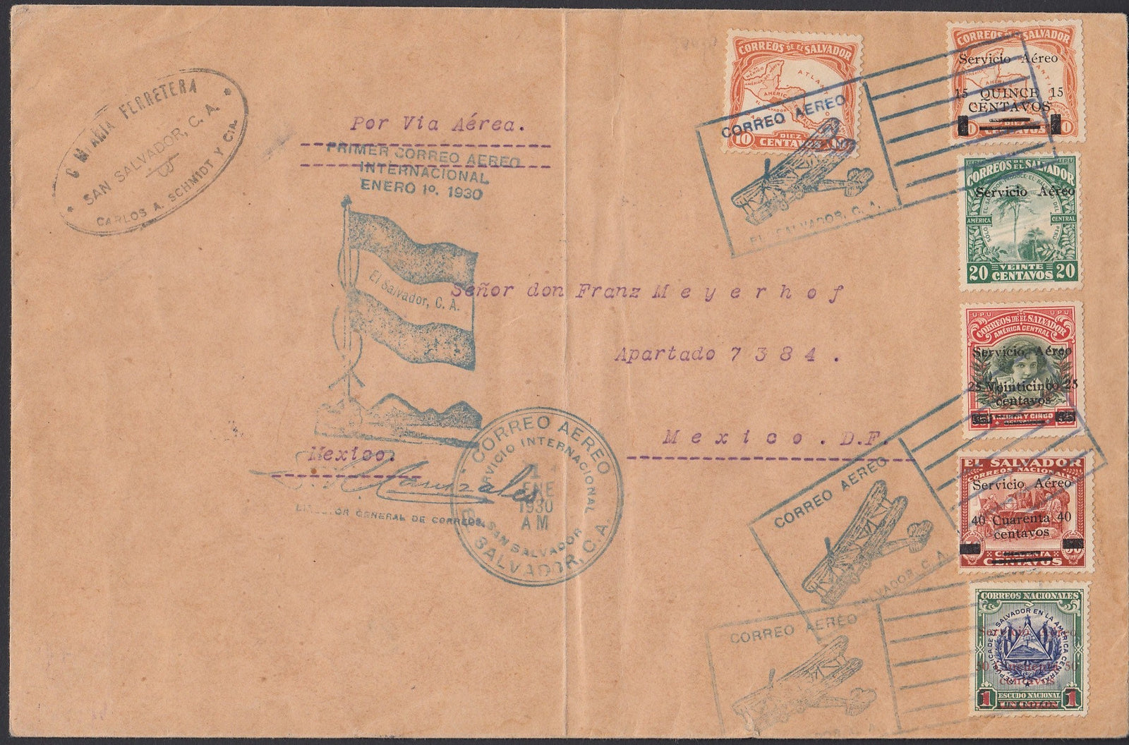 El Salvador 1930 First Flight Airmail Cover to Mexico