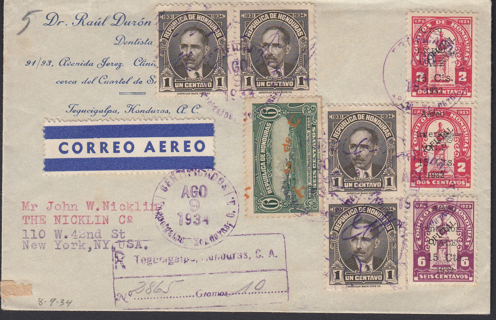 Honduras 1934 Registered Cover, Tegucigalpa to New York