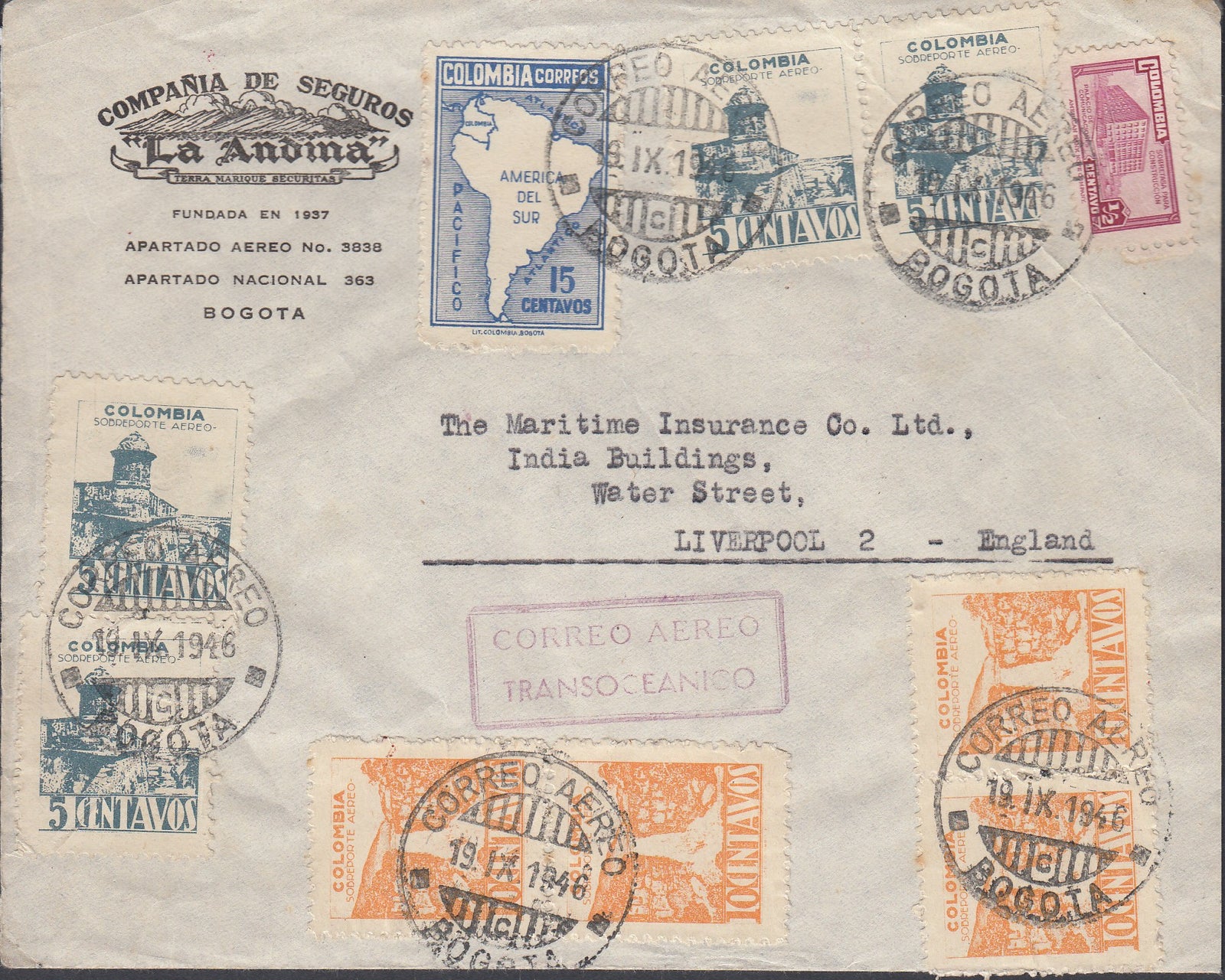 Colombia 1946 Airmail First Flight Cover from Bogota to Liverpool, England