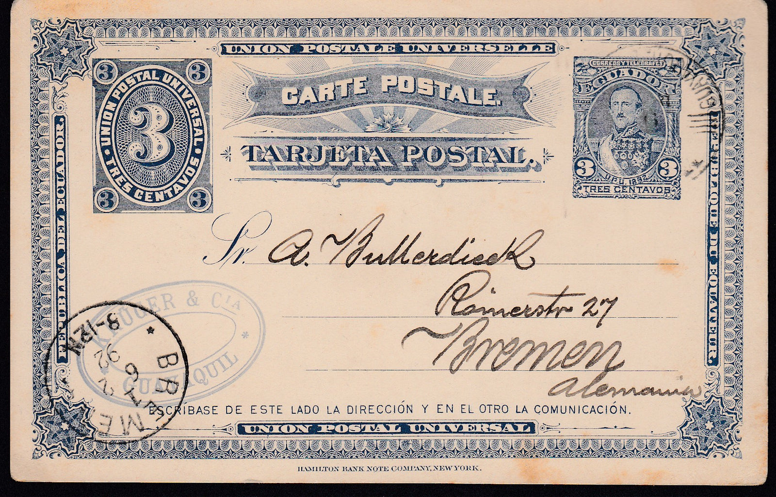 Ecuador 1892 Seebeck Postal Card Guayaquil to Bremen, Germany
