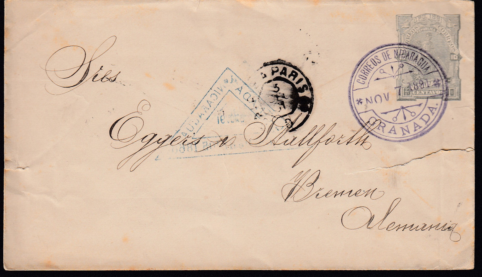 Nicaragua 1891 Granada to Bremen, Germany via Paris Cover. H&G B10.
