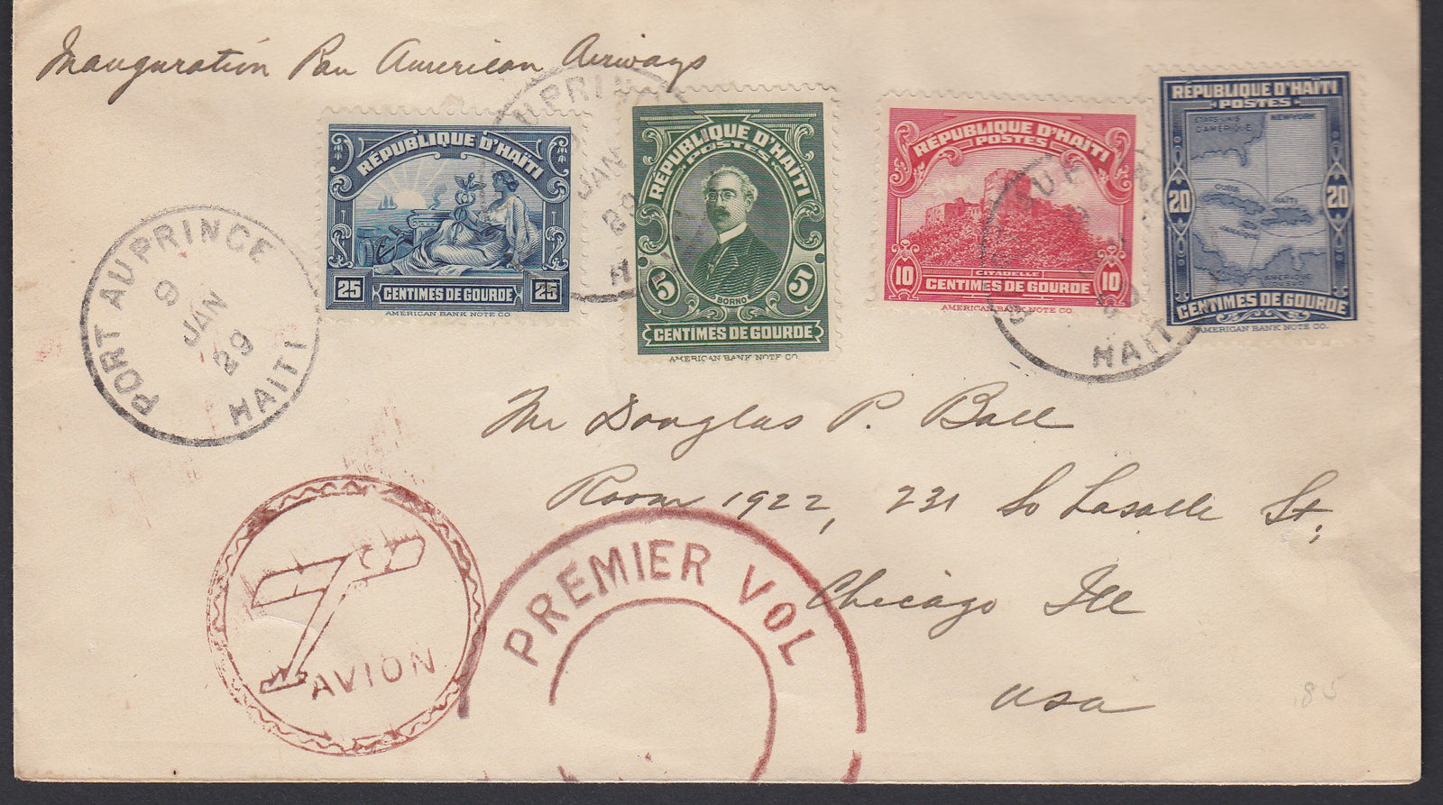 Haiti 1929 Pan American Airways First Flight Airmail Cover to Chicago