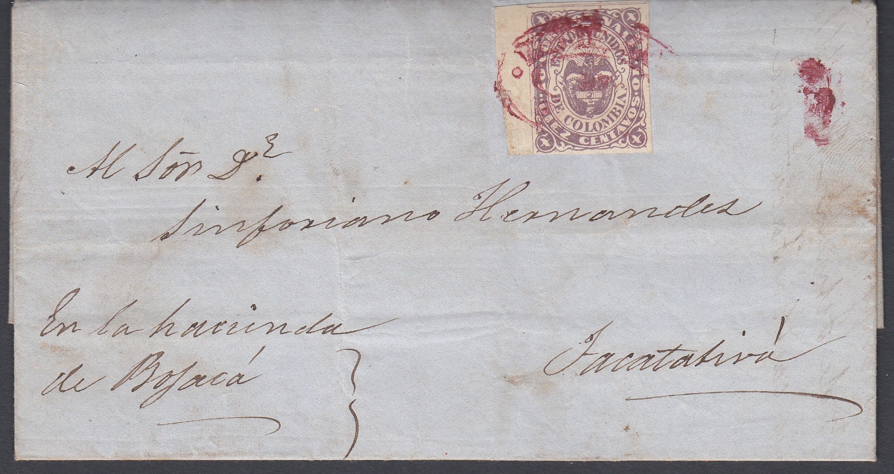 Colombia 1869 Boyaca to Facatativa Entire, tied with 1868 10c Lilac