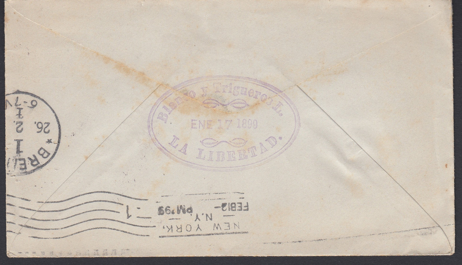 El Salvador 1899 13c Olive Postal Envelope from La Libertad to Bremen, Germany