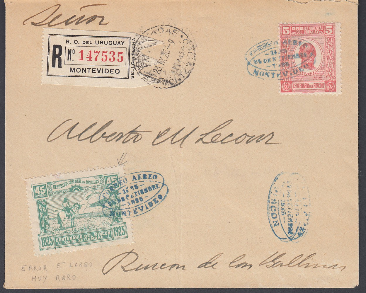 Uruguay 1925 Montevideo-Rincon First Flight Airmail Cover with 'Extended 5' Error
