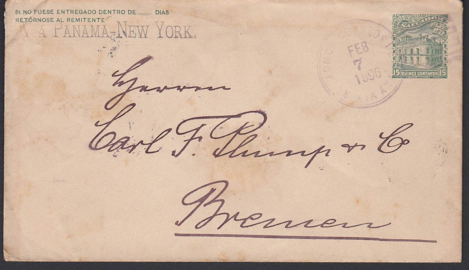 El Salvador 1896 15c Green Postal Envelope from Santa Ana to Bremen, Germany