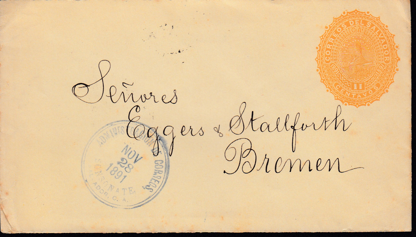 El Salvador 1891 11c Yellow Postal Envelope Sonsonate to Bremen, Germany