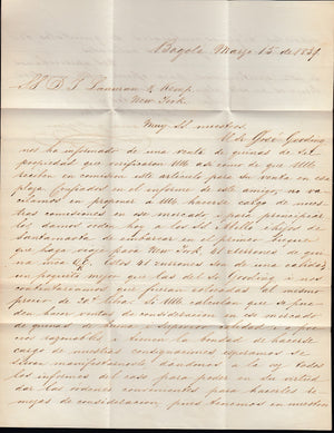 Colombia 1859 Entire from Bogota to New York via Santa Marta with Abello E Hijos Cachet.
