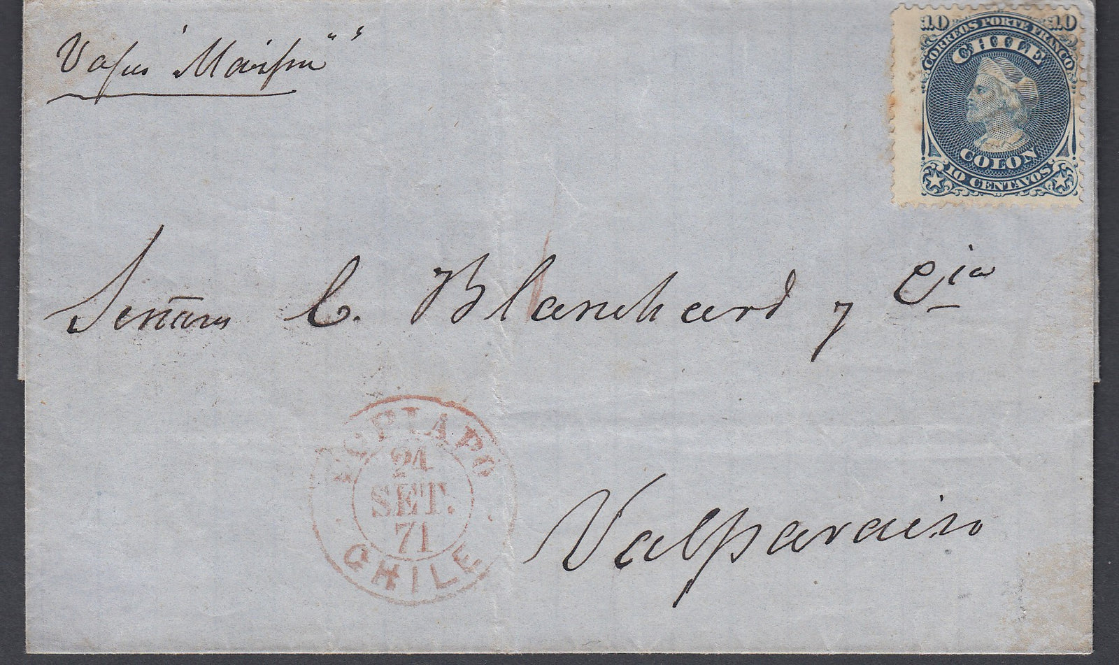 Chile 1871 Entire from Copiapo to Valparaiso