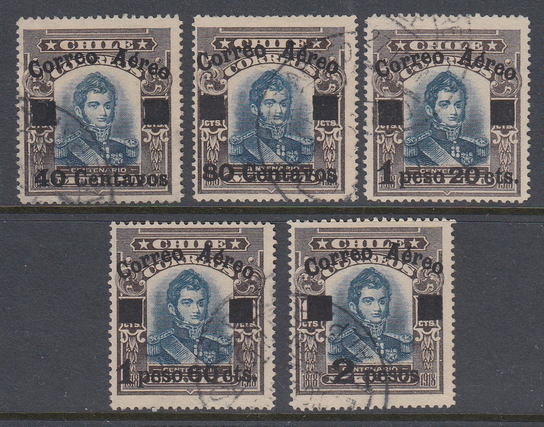 Chile 1927 Black Brown & Blue Testart Airmail Complete Set Used. Scott C1-C5