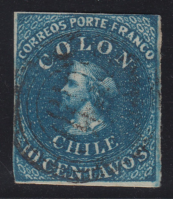 Chile 1853 10c Deep Bright Blue 1st London Printing Used. Scott 2