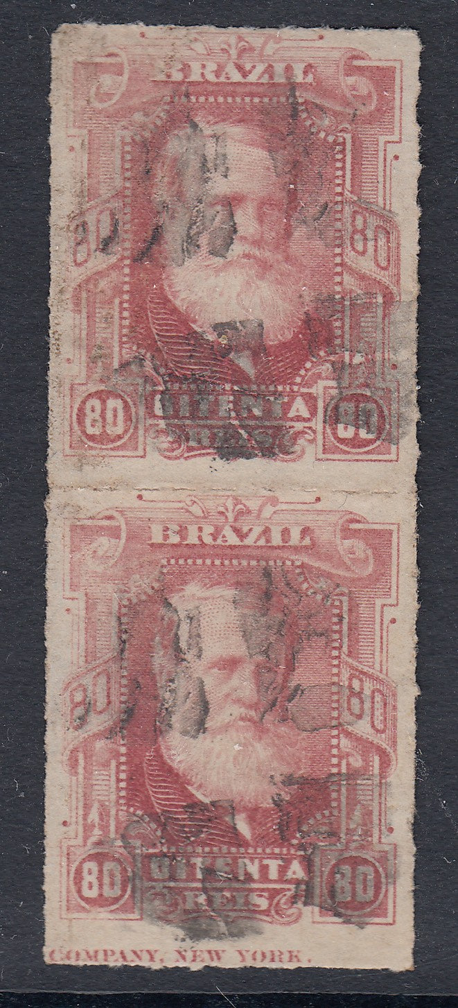 Brazil 1878-79 80r Lake 'White Beard' Dom Pedro Pair Used. Scott 71