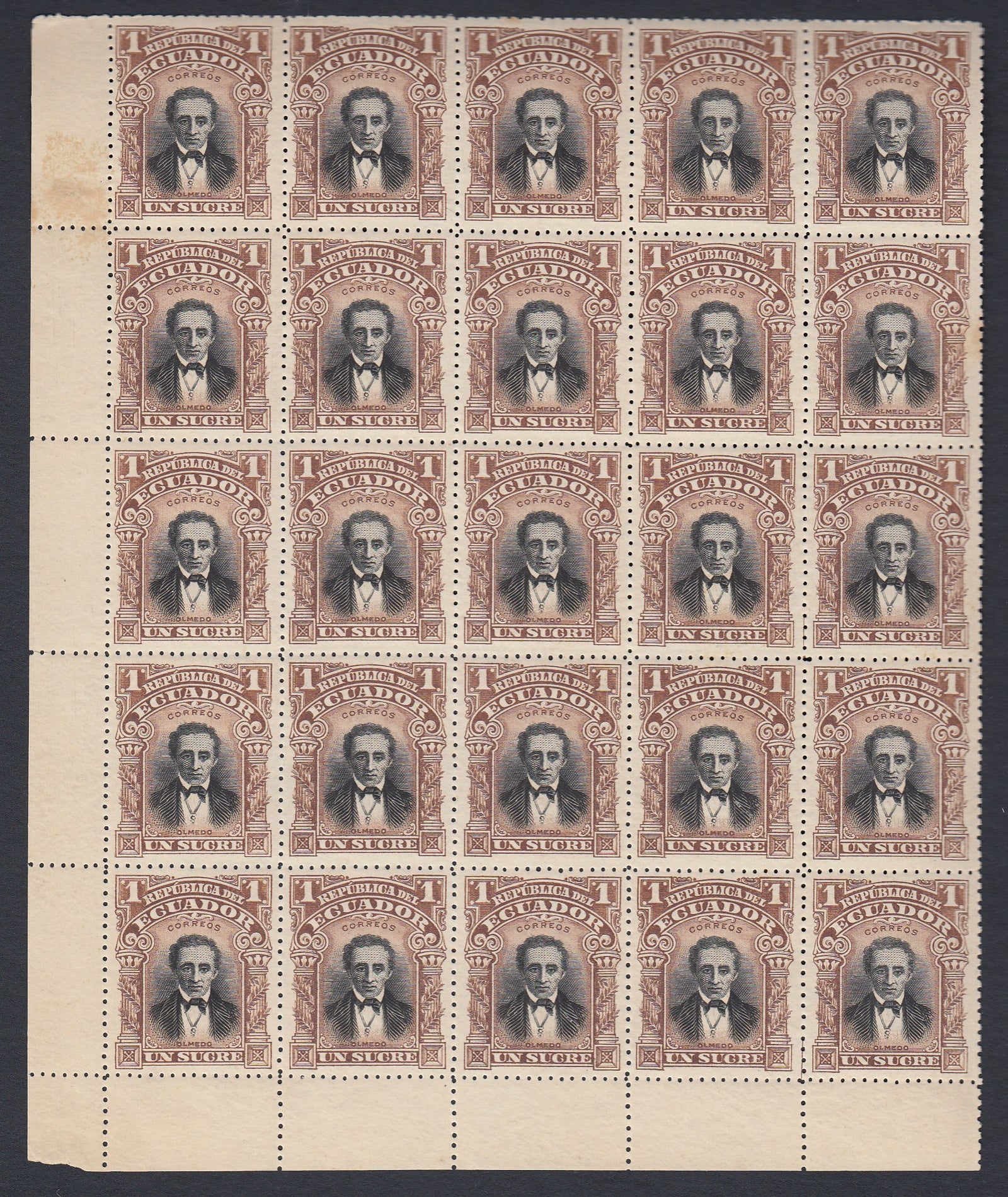 Ecuador 1901 1s Brown and Black Block of 25 MNH. Scott 151