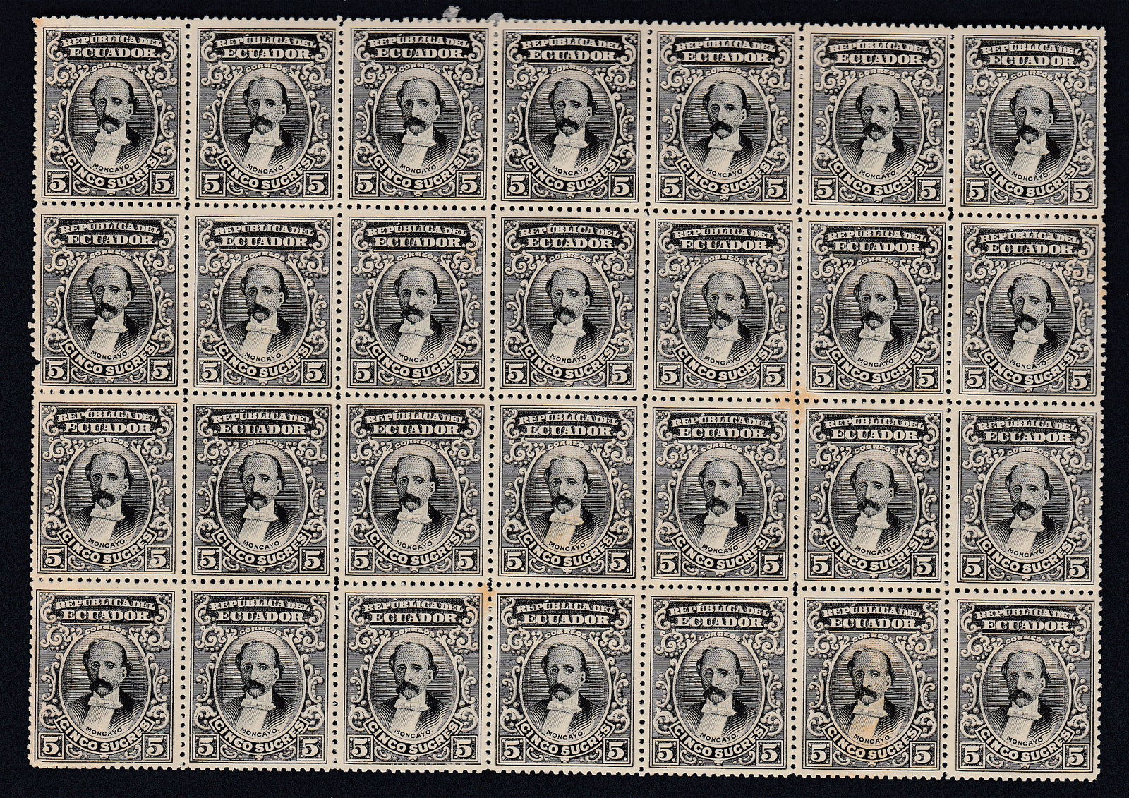 Ecuador 1901 5s Gray Black and Black Block of 28 MNH. Scott 152