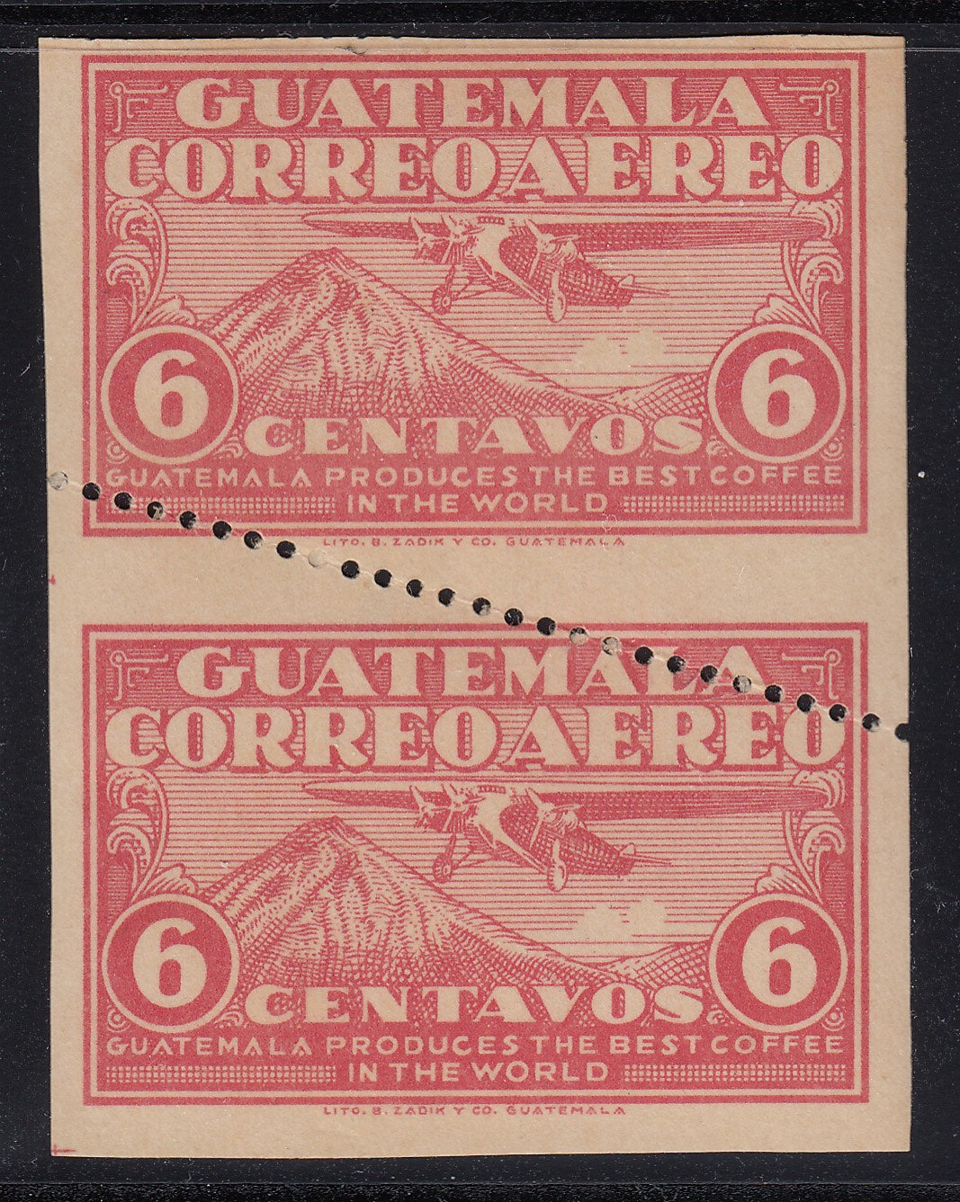 Guatemala 1930 6c Rose Red Airmail Imperf Pair with Diagonal Perf LM Mint. Scott C7b