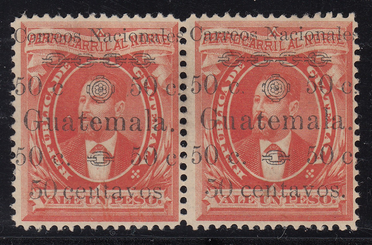 Guatemala 1886 50c on 1p 'Carreos' + No Period Pair M Mint. Scott Unlisted/27c