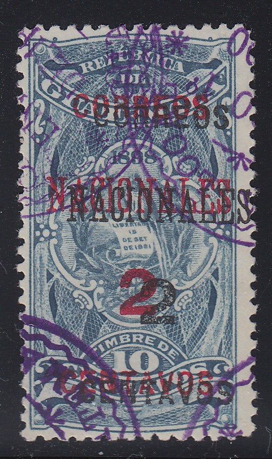 Guatemala 1898 2c on 10c Blue Grey with Double Surcharge Used. Scott 90a