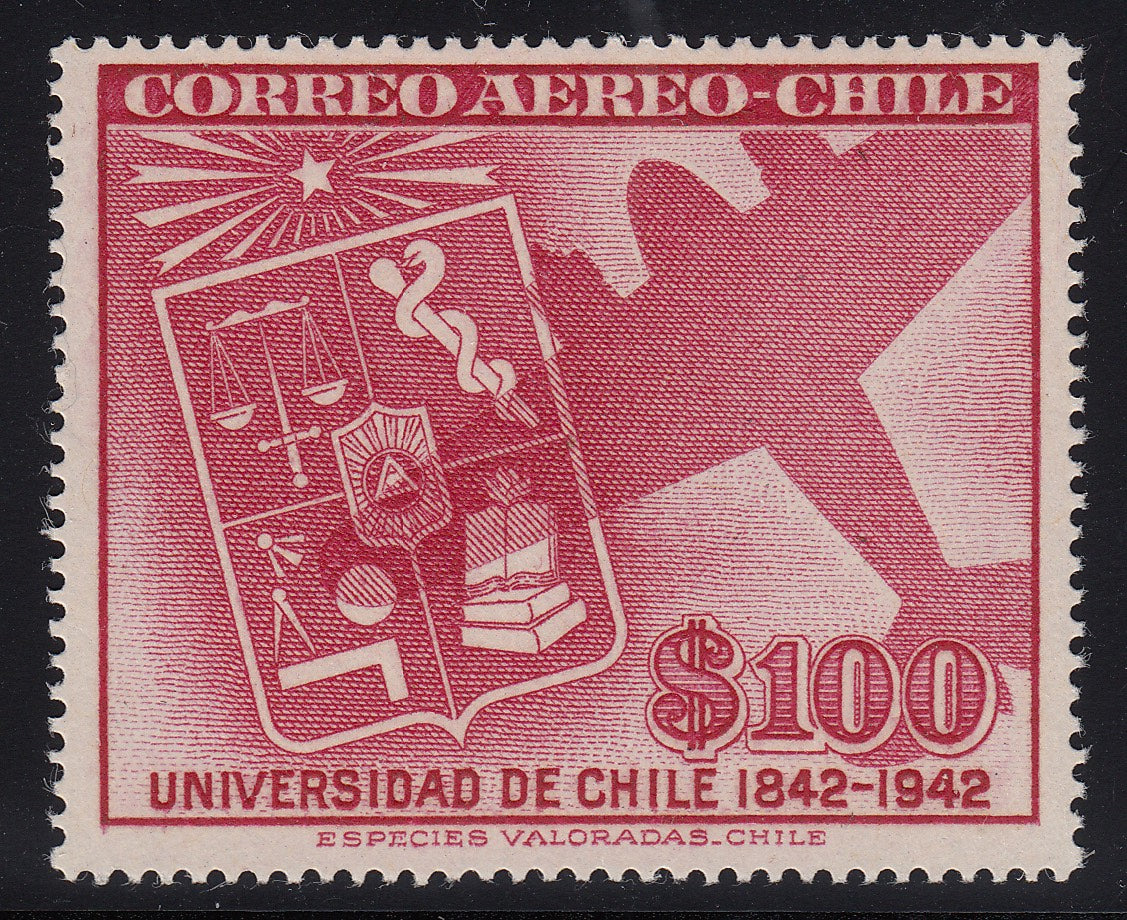 Chile 1942 100p Carmine Lake Airmail MNH. Scott C89