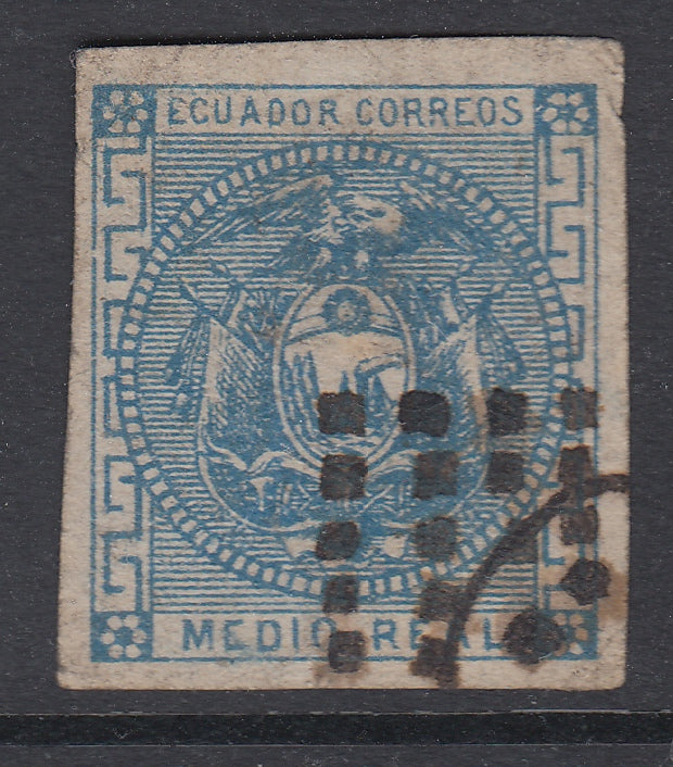 Ecuador 1872 Medio Real Blue Plate Proof Used. Scott 9 var