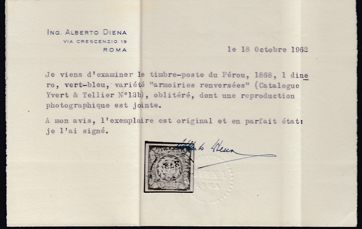 Peru 1868-72 1d Green Arms Embossed Inverted Used. Scott 14a