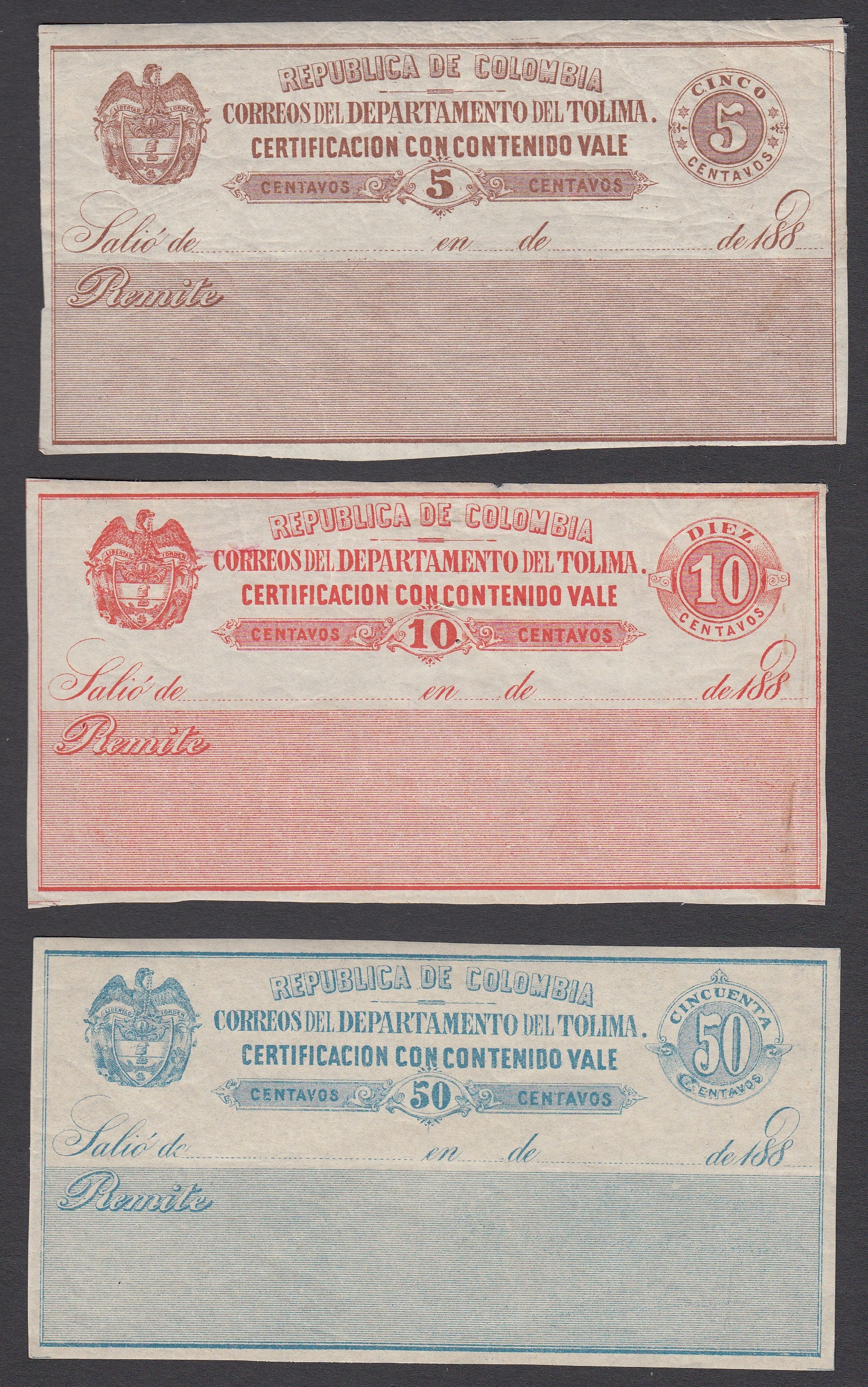 Colombian States Tolima 1888 Cubiertas Complete Set LM Mint. Scott G13-G15