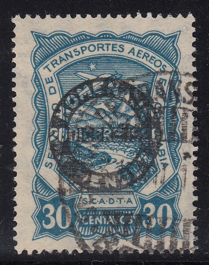 Colombia SCADTA 1928 30c Blue Mendez Overprint Airmail Used. Scott C54