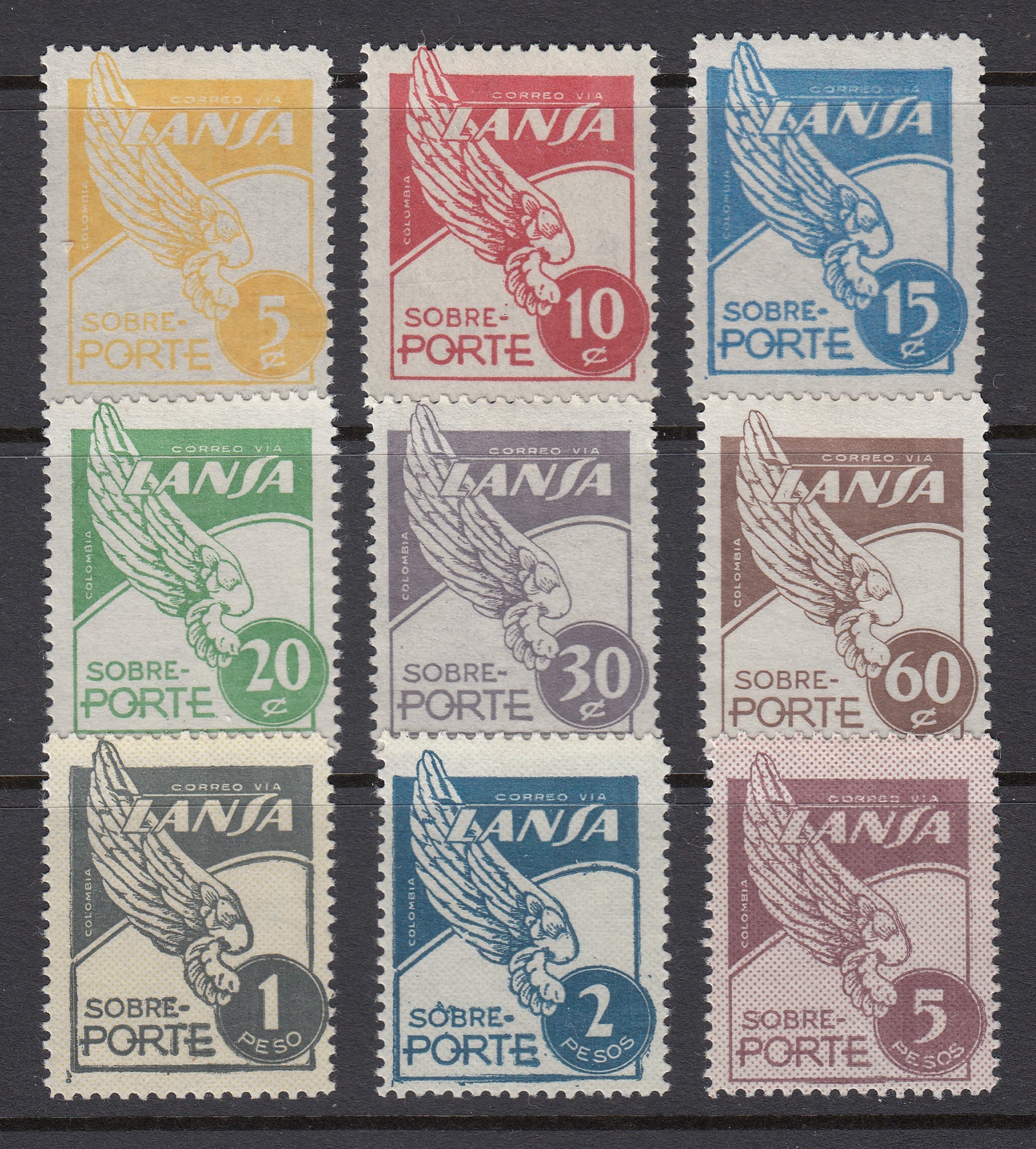 Colombia 1950 LANSA Airmail Genuine Perf.12 Complete Set LM Mint. Scott C166-C174