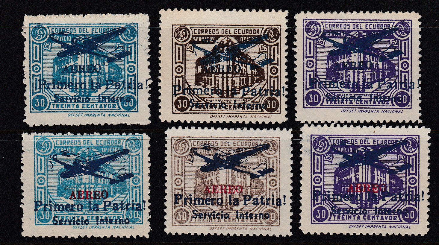 Ecuador 1947 Primero la Patria! Blue & Red Overprint Airmail Sets Mint. Sct O202-204 var