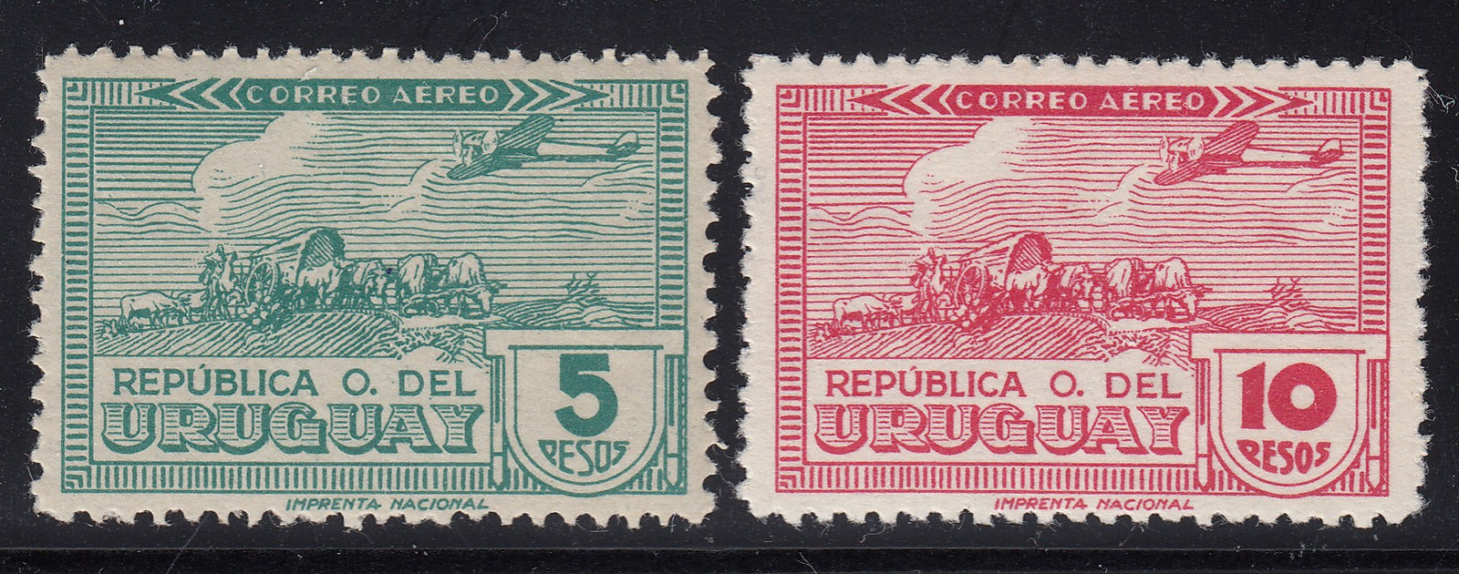Uruguay 1939-44 5p Blue Green & 10p Rose Airmail LM Mint. Scott C104-C105