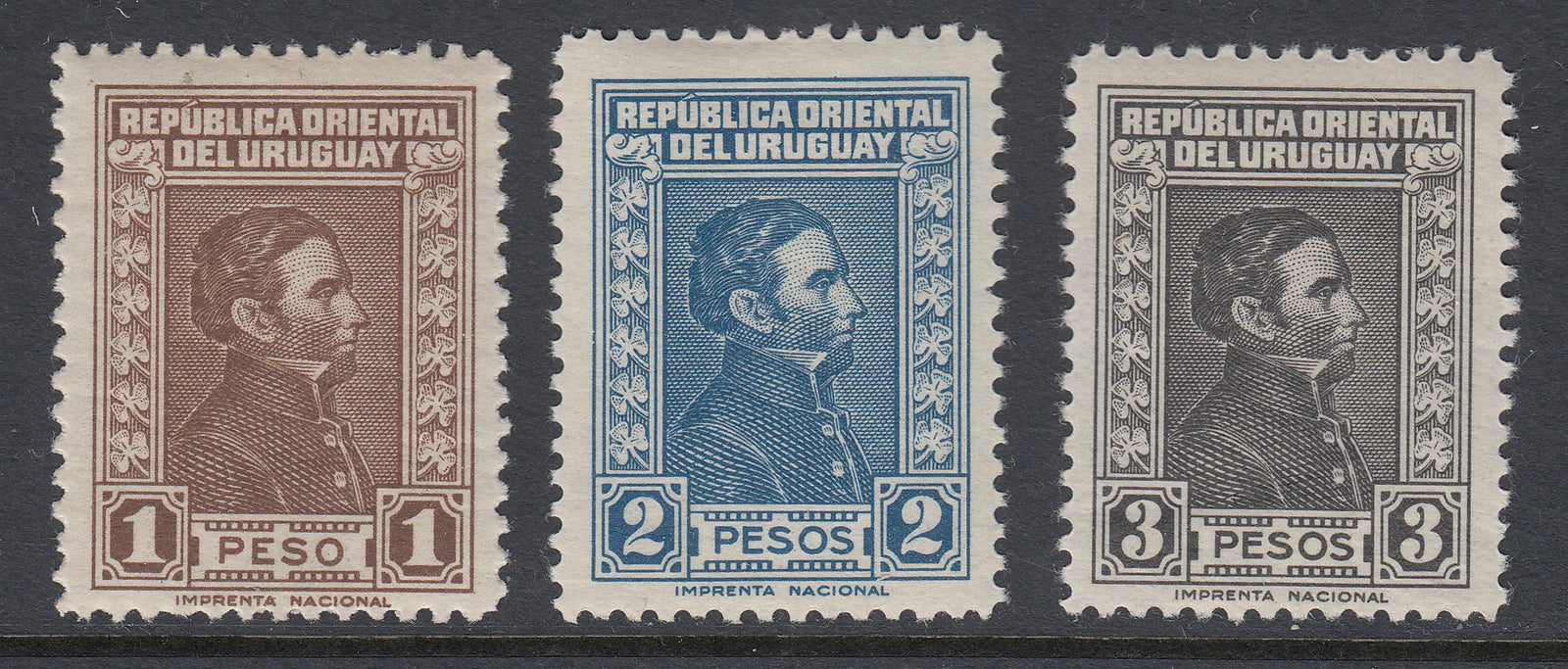Uruguay 1936-44 1p, 2p, 3p Artigas High Values MNH. Scott 483A-483C
