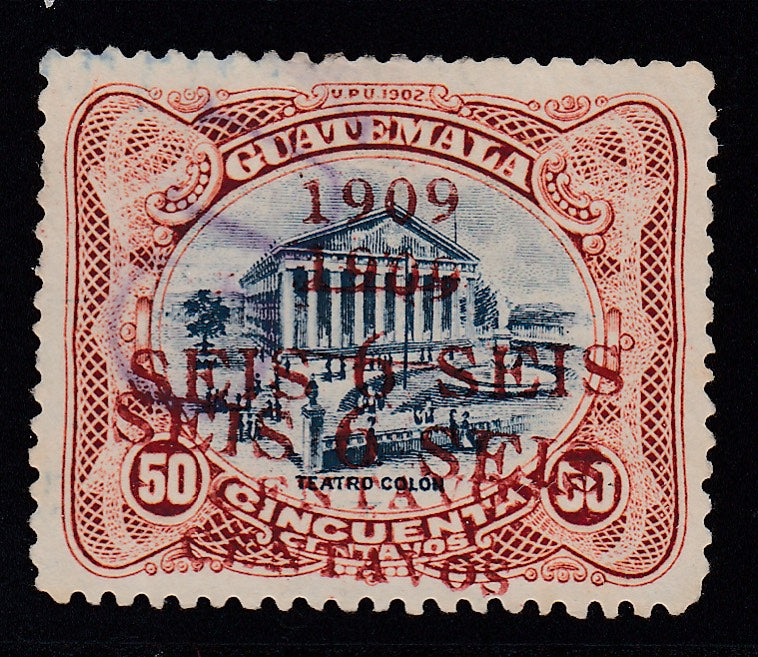 Guatemala 1909 6c on 50c Double Surcharge Error in Red Used. Scott 137a