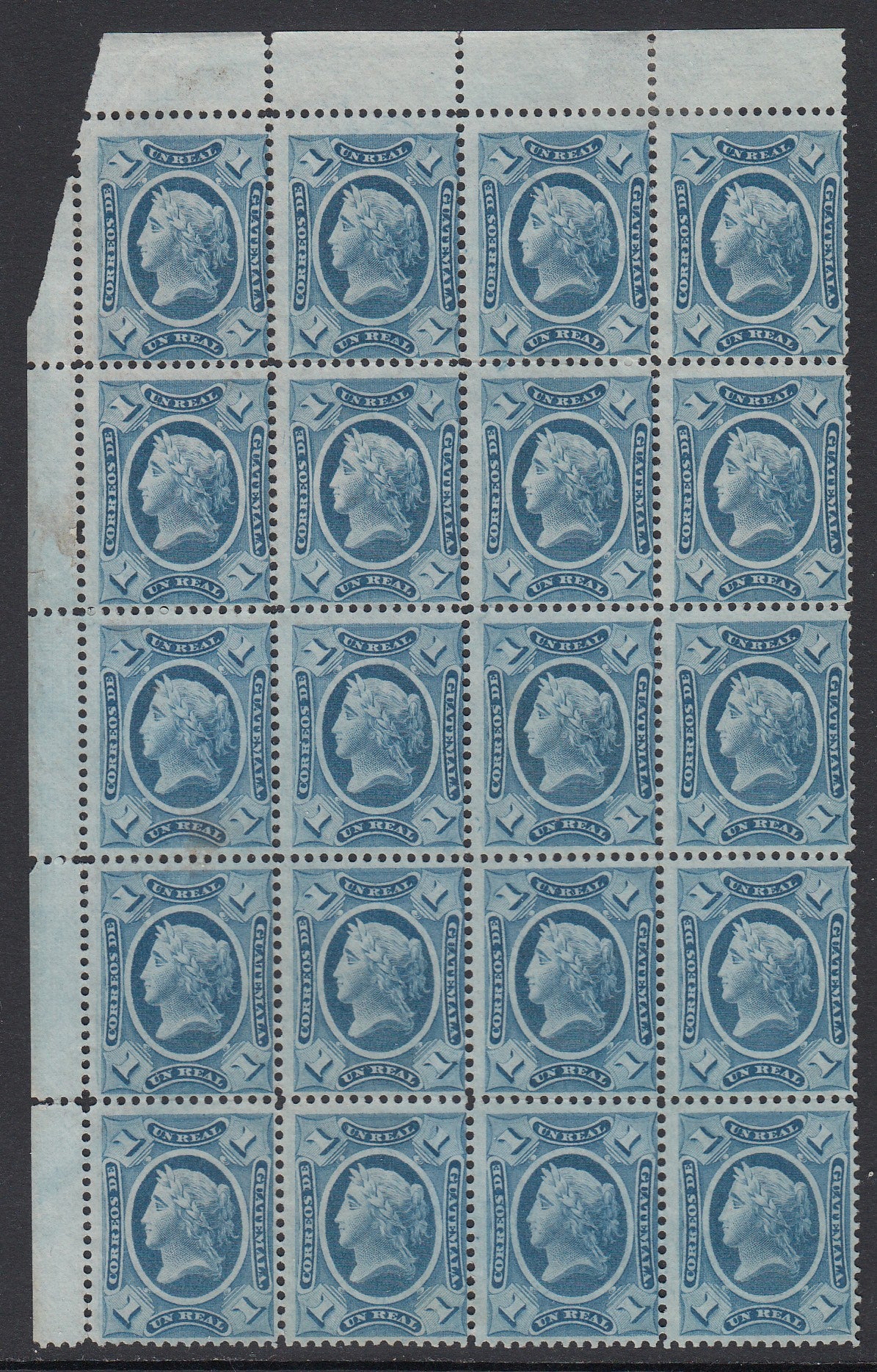 Guatemala 1875 1r Blue Block of Twenty MNG. Scott 9