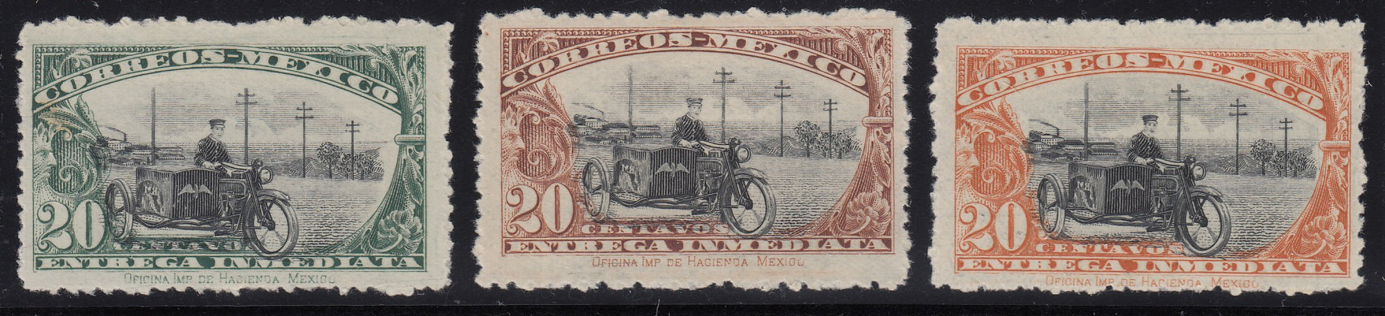 Mexico 1919 Special Delivery Color Trial Proofs x 3 M Mint. Scott E1 var