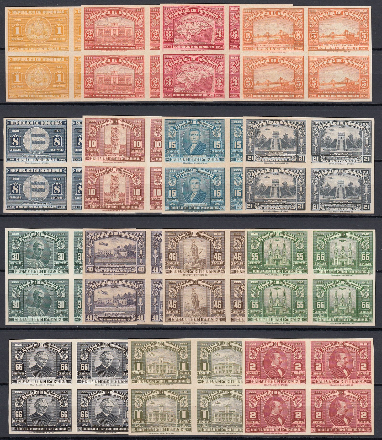 Honduras 1939 Complete Set, including Airmails x 16 Plate Proof Blocks. Scott 336-340 & C89-C98 var