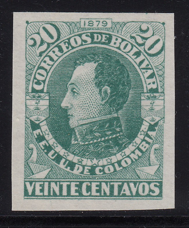 Colombia Bolivar 1879 20c Green Plate Proof Color Error. Scott 13a var