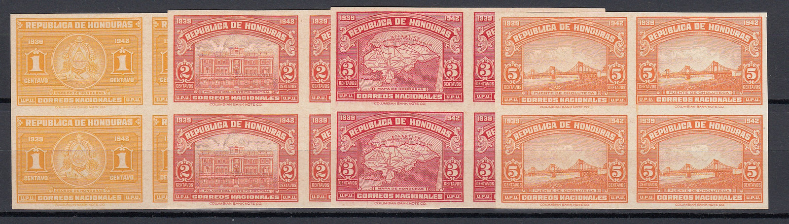 Honduras 1939 Complete Set, including Airmails x 16 Plate Proof Blocks. Scott 336-340 & C89-C98 var